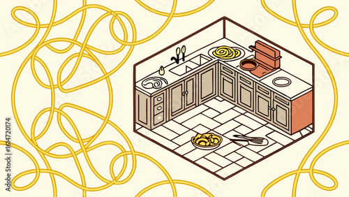 Isometric Kitchen Illustration: Cozy Corner Design, Pasta Theme, Retro Style,  Wooden Cabinets, Tile Floor