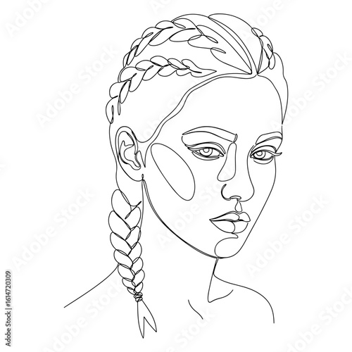 Continuous line drawing of a woman with braided hair and intense gaze line art female