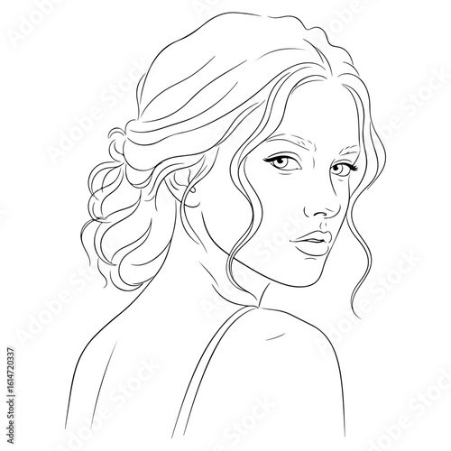 Elegant line art drawing of a woman with a sophisticated updo looking over her shoulder female portrait