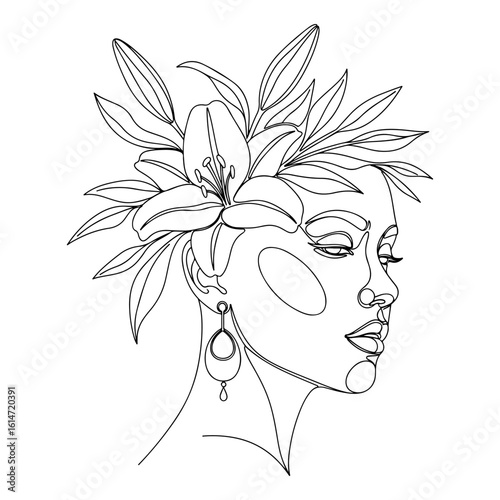 Line art drawing of a woman's profile adorned with a lily flower and leaves face