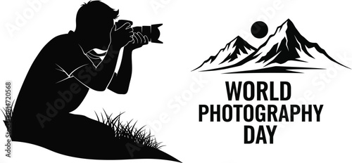 A silhouette of a photographer taking a picture of a mountain landscape world photography day, celebrating the art of capturing moments
