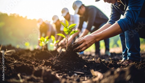 A group of volunteers planting young trees in a field to promote environmental conservation and reforestation.