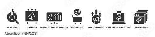 Strategic Online Marketing Icons set vector illustration glyph with Keyword, Banner, Marketing strategy, Shopping, Ads traffic, Online marketing, Spam ads