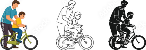 Father teaching son to ride bike vector art illustration