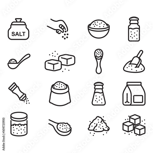 Salt icon set. Thin line vectors. Contains icons such as a pile of salt, a salt shaker, a salt sprinkler, and more.