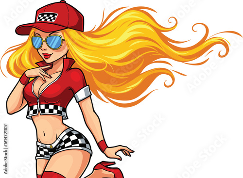 Glamorous Cartoon Racing Girl with Sunglasses and Flowing Hair – Stylish Action Pose for Fashion, Sports, and Lifestyle Themes