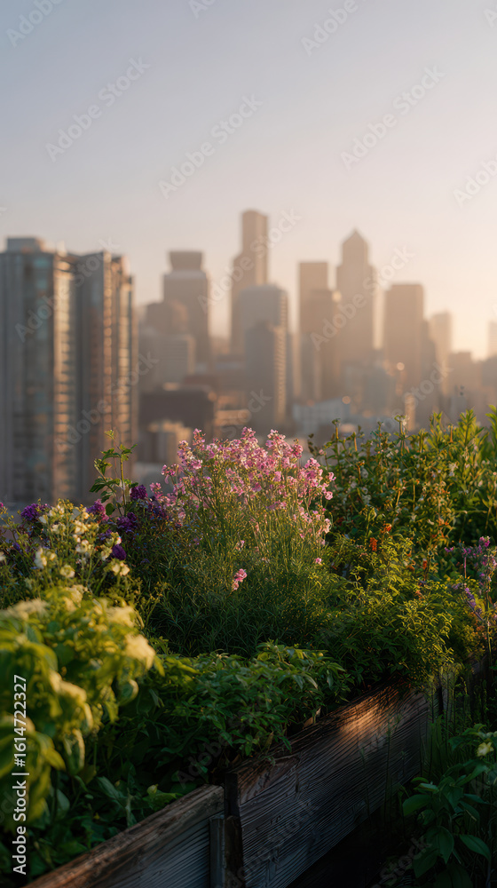 Fototapeta premium Rooftop garden with flowers and plants overlooks city skyline at sunset