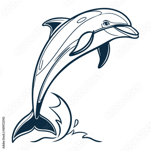 A colorful cartoon vector illustration of a dolphin jumping out of the blue ocean water