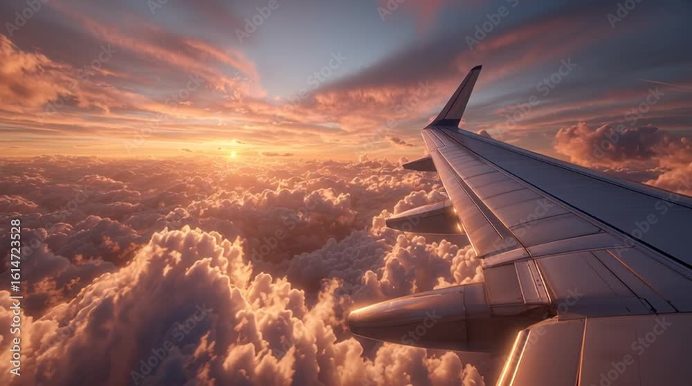 Airplane Wing Above the Clouds During Glowing Sunset Flight