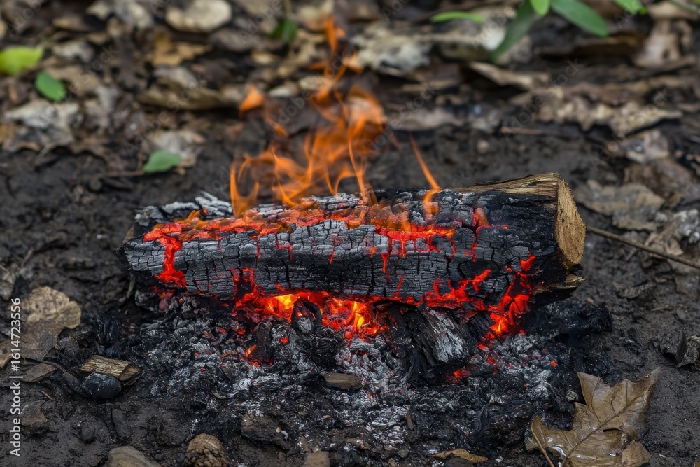 Flames dance on burning wood in a natural setting surrounded by leaves and soil, flames on burning wood Flames dance on burning wood in a natural setting surrounded by leaves and soil, flames on burning wood