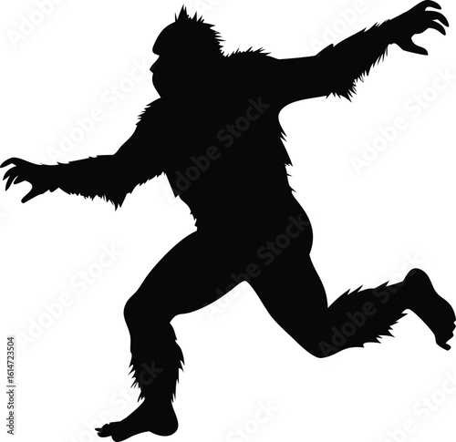 Bigfoot Silhouette Running, Mythical Creature Illustration on White Background, Sasquatch Legend