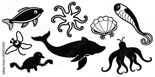 Collection of marine life silhouettes including fish octopus whale and seashell isolated on white background silhouette