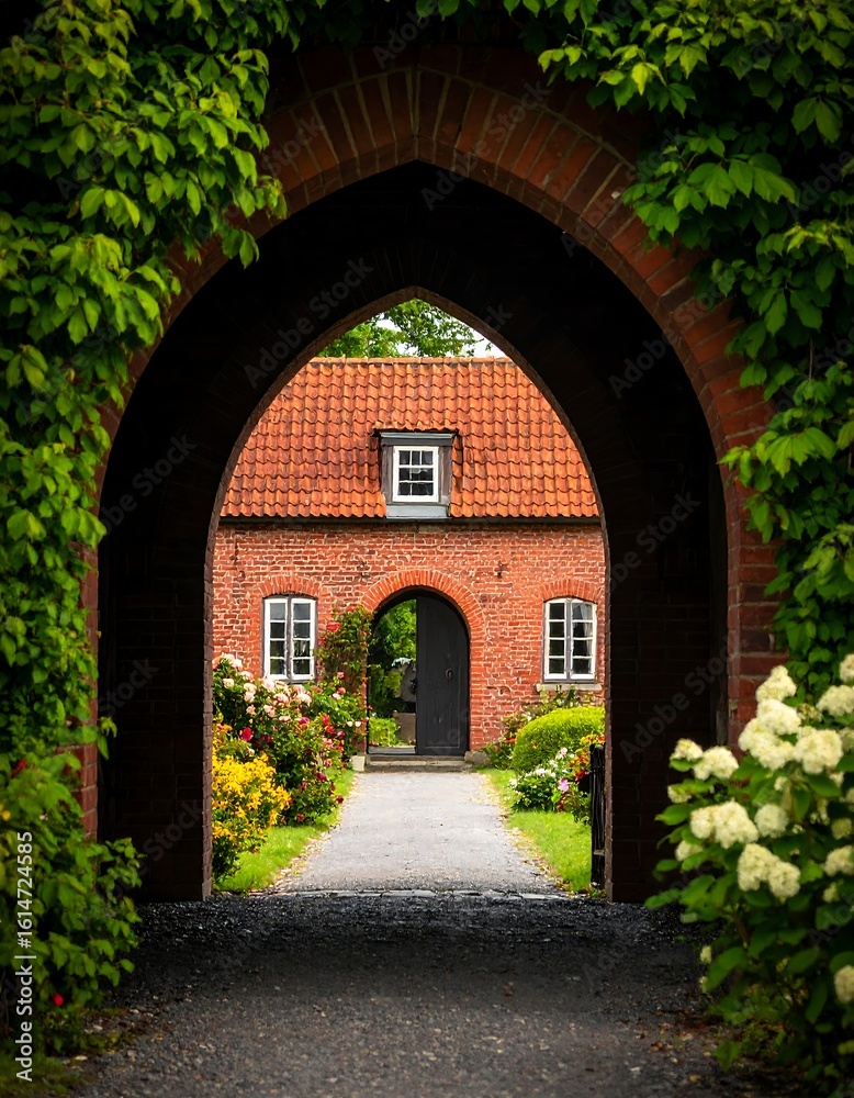 Fototapeta premium A brick archway leads to a house
