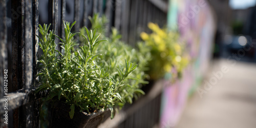 Fototapeta Naklejka Na Ścianę i Meble -  Herbs growing in small pots on street fence, vibrant and lively