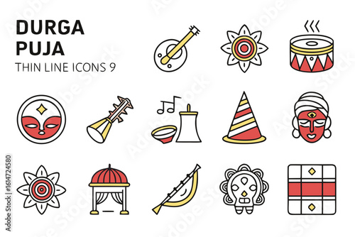 Durga puja thin line icons set isolated on white background