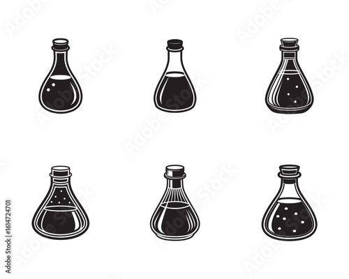 Collection of Black and White Potion Bottles Vector Illustration Set for Alchemy or Halloween Themed Designs