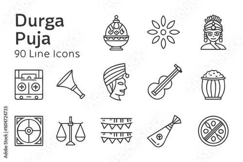 Durga puja festival icons collection isolated on white background