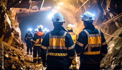 A dedicated crew of miners with headlamps illuminates the path forward in a deep underground resource extraction operation