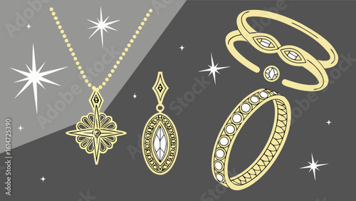 A set of gold jewelry with diamonds is displayed against a gray background, including a necklace, earrings, and rings, showcasing elegance and luxury