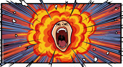 Comic Book Style Explosion with Screaming Face in the Center