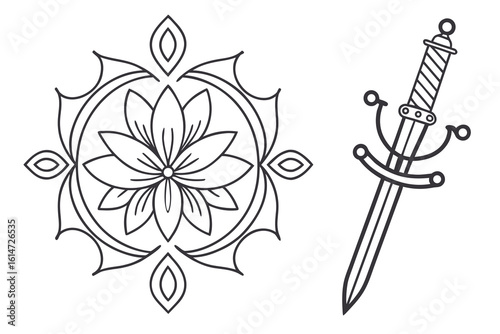 Mandala and rapier sword line art isolated on white background