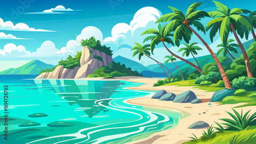 Crystal-clear turquoise waters gently lap against white sandy shores on a tropical island, with palm trees swaying in the breeze
