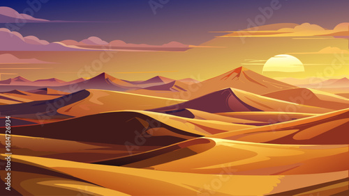 Rolling sand dunes glow under the golden light of sunset in a vast desert landscape, stretching endlessly to the horizon