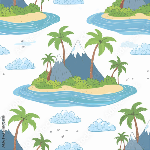Beautiful vector tropical seamless pattern with hand drawn paradise islands with mountains and palm trees on beaches with ocean and clouds in sky. 