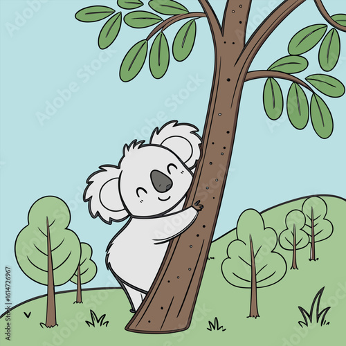 Cartoon vector illustration of a cute jungle tree with birds and green leaves in a summer park landscape