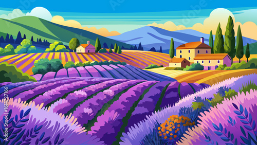 Fields of vibrant lavender bloom across a gentle hillside under a deep blue sky in the French countryside