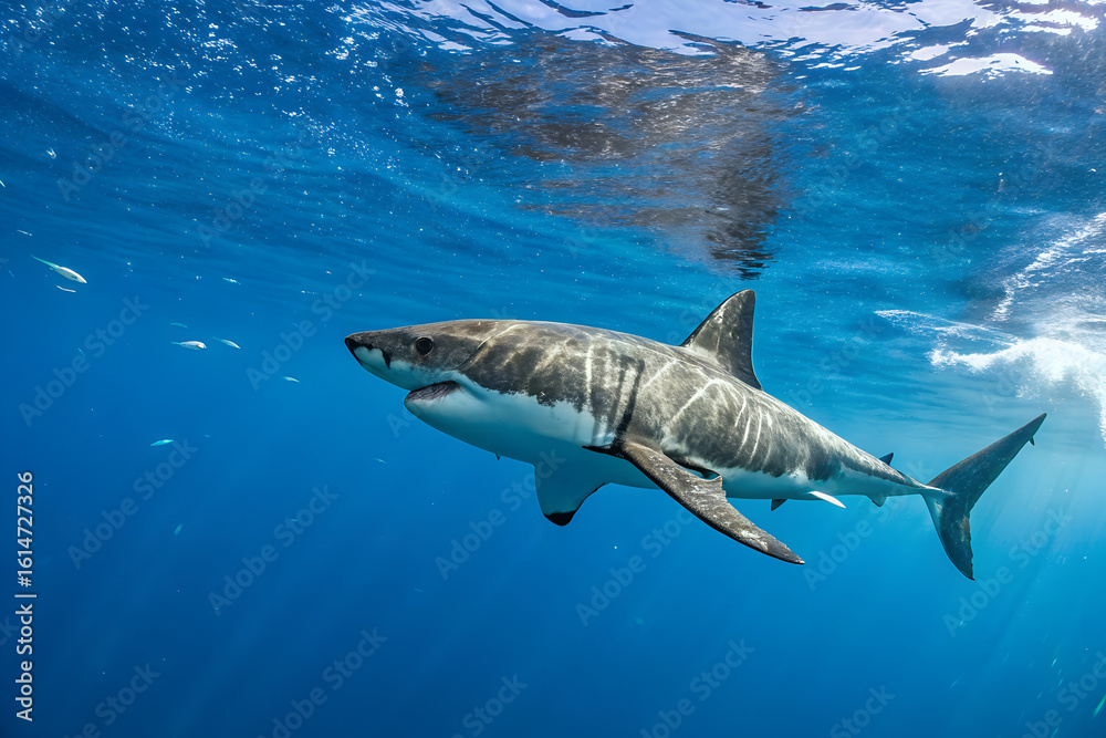 Fototapeta premium Great White Shark in Deep Blue Ocean – Powerful Marine Predator in Natural Habitat.