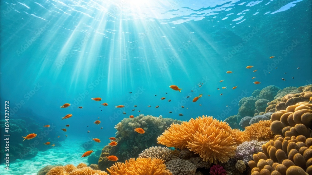 Naklejka premium Sunbeams illuminate vibrant coral reef teeming with small colorful fish underwater