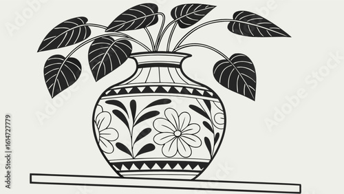 A decorative vase with a floral pattern holds a lush plant, adding a touch of vintage charm to any room isolated on white background