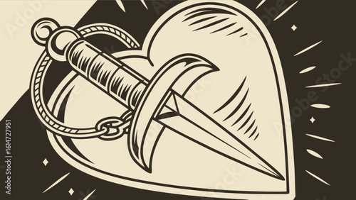 A vintage tattoo design features a dagger piercing a heart, symbolizing love, pain, and the complexities of human emotion
