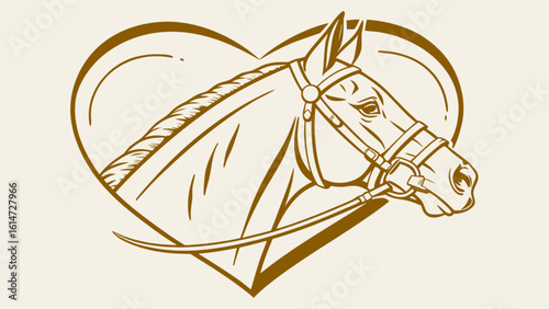 A charming vintage illustration showcases a horses head within a heart, symbolizing a deep love for animals and the equestrian lifestyle