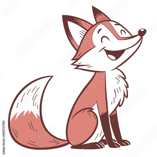 A cute red fox cartoon illustration with a bushy tail, having fun in the wild nature among other happy animals