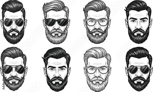 Stylish bearded men with modern hairstyles and cool sunglasses or glasses