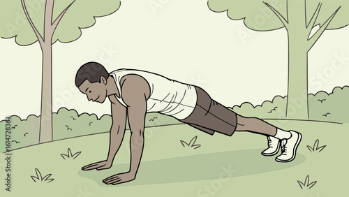 A man is doing pushups in a park, illustrating a fitness routine in a natural outdoor setting