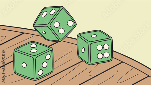 Three green dice are rolling on a wooden table, illustrating a game of chance and luck