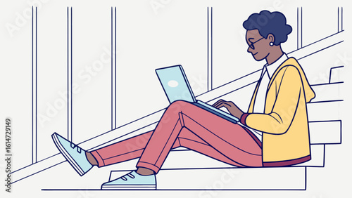 A woman sits on stairs working on her laptop, casually dressed and focused, in an urban setting