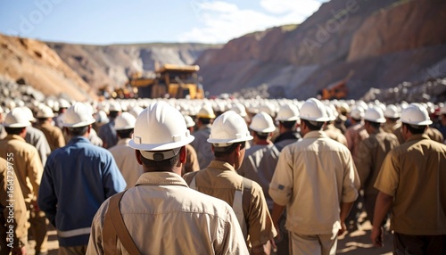Workforce of miners gathered at a large open-pit mine with heavy machinery in the background.