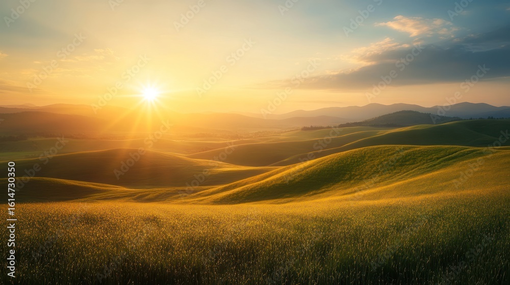 Fototapeta premium Golden hour's serene embrace on rolling hills landscape photography