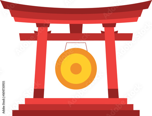 A red torii gate with a golden gong hanging in the center, standing on a white background scene art
