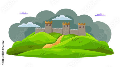 Medieval castle on green hill landscape illustration vector design for travel and tourism background concept