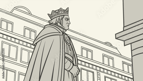 A regal king statue stands proudly in front of a grand building, showcasing historical architecture and royal heritage