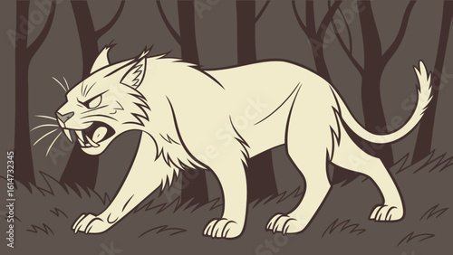 A fierce bobcat prowls through the forest, showcasing its wild and predatory nature in a cartoon illustration