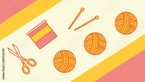 Flat lay vector illustration of yarn balls scissors and knitting needles wool craft