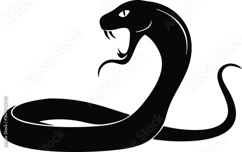 Black Cobra Snake Illustration Venomous Serpent with Open Mouth, White Background