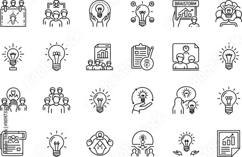 Teamwork, brainstorming, and innovation: a collection of line icons depicting collaborative idea generation, strategic planning, and successful business solutions.
