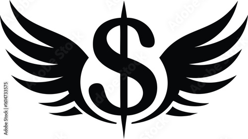 Black Dollar Sign with Wings Illustration on White Background, Finance and Business Symbolism